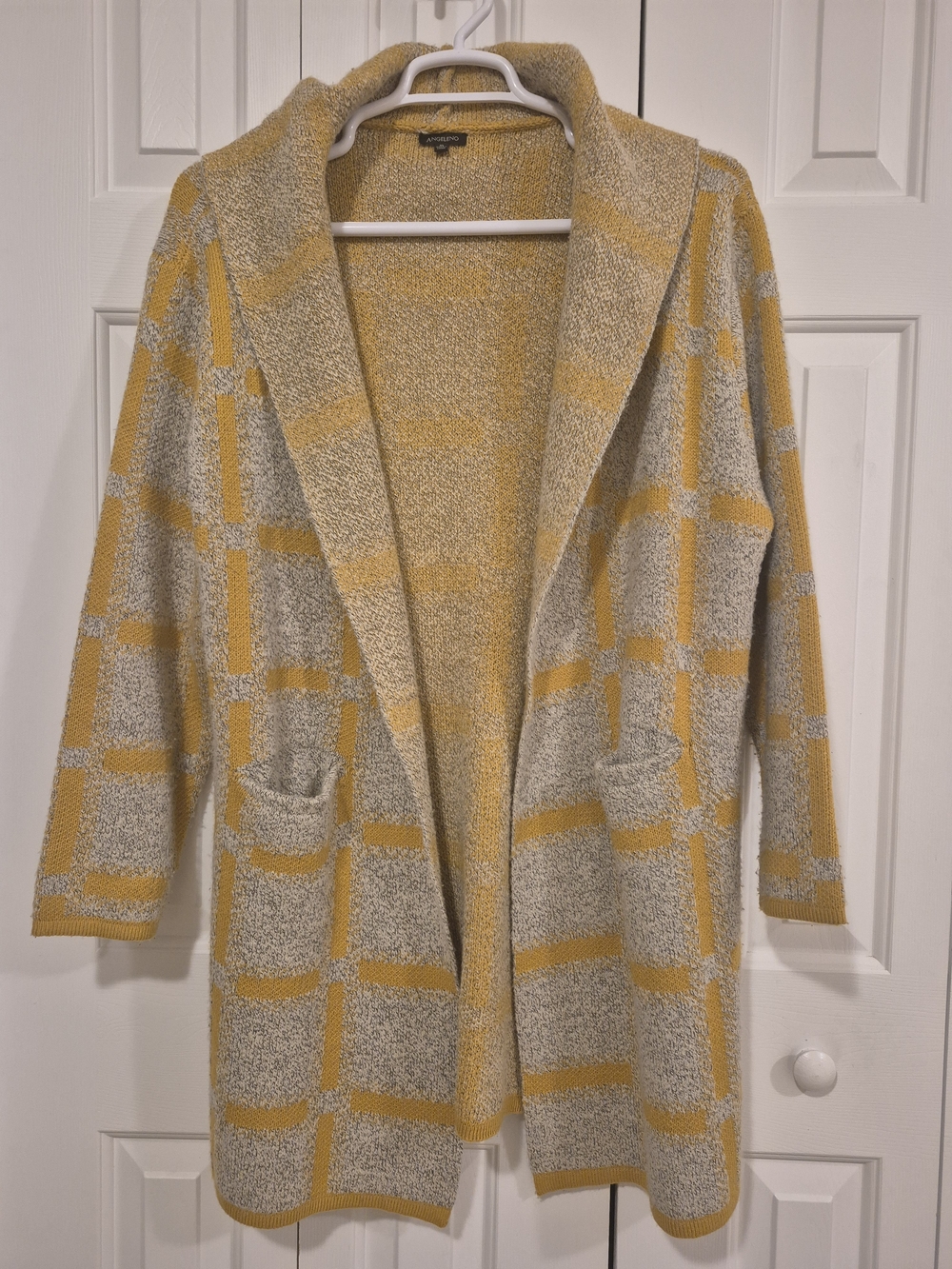 Cozy Open-Front Plaid Shawl Collar Cardigan - Yellow & Cream